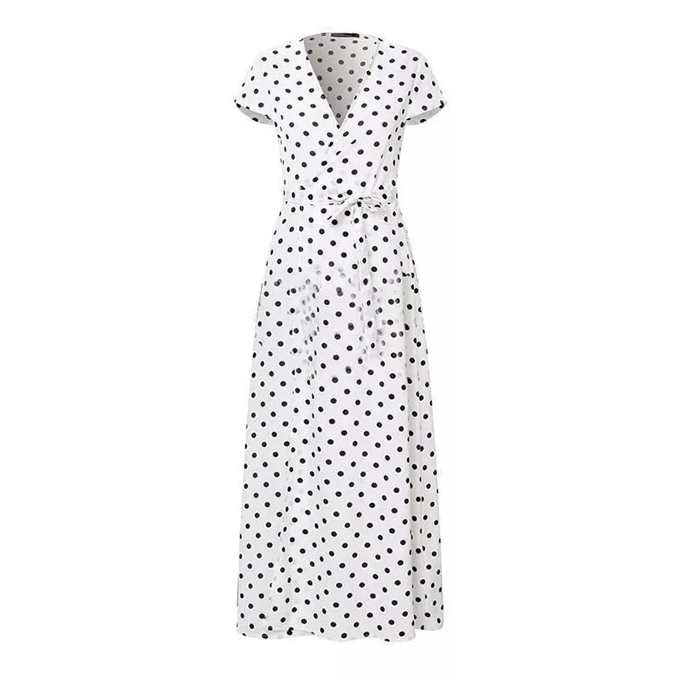 Women Wrap V Neck Polka Dot Long Maxi Dress