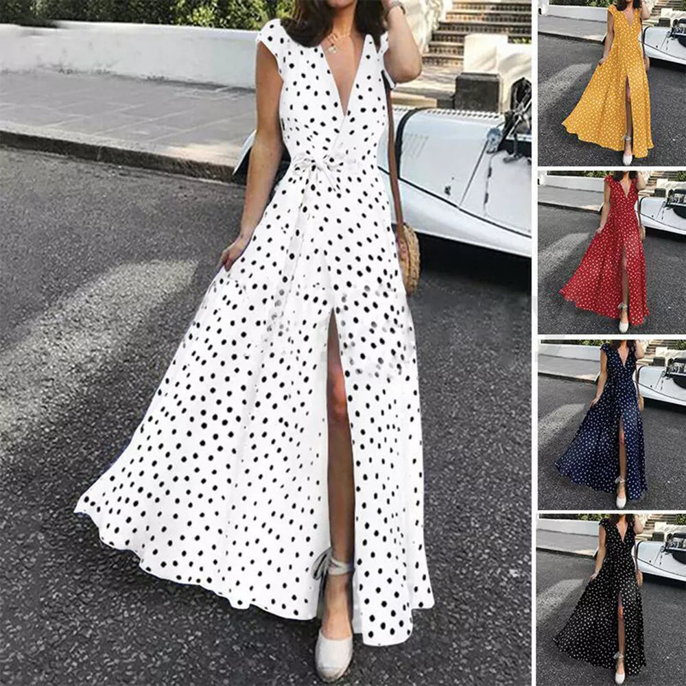 Women Wrap V Neck Polka Dot Long Maxi Dress