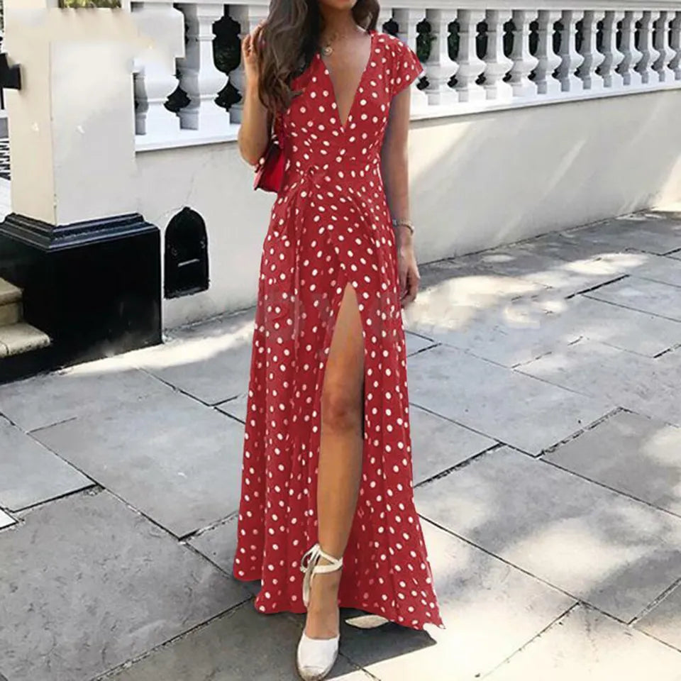 Women Wrap V Neck Polka Dot Long Maxi Dress