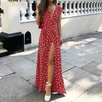 Women Wrap V Neck Polka Dot Long Maxi Dress