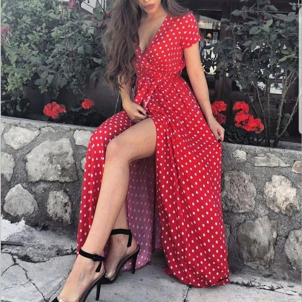 Women Wrap V Neck Polka Dot Long Maxi Dress