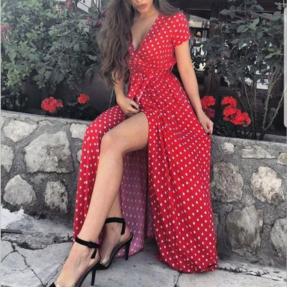 Women Wrap V Neck Polka Dot Long Maxi Dress