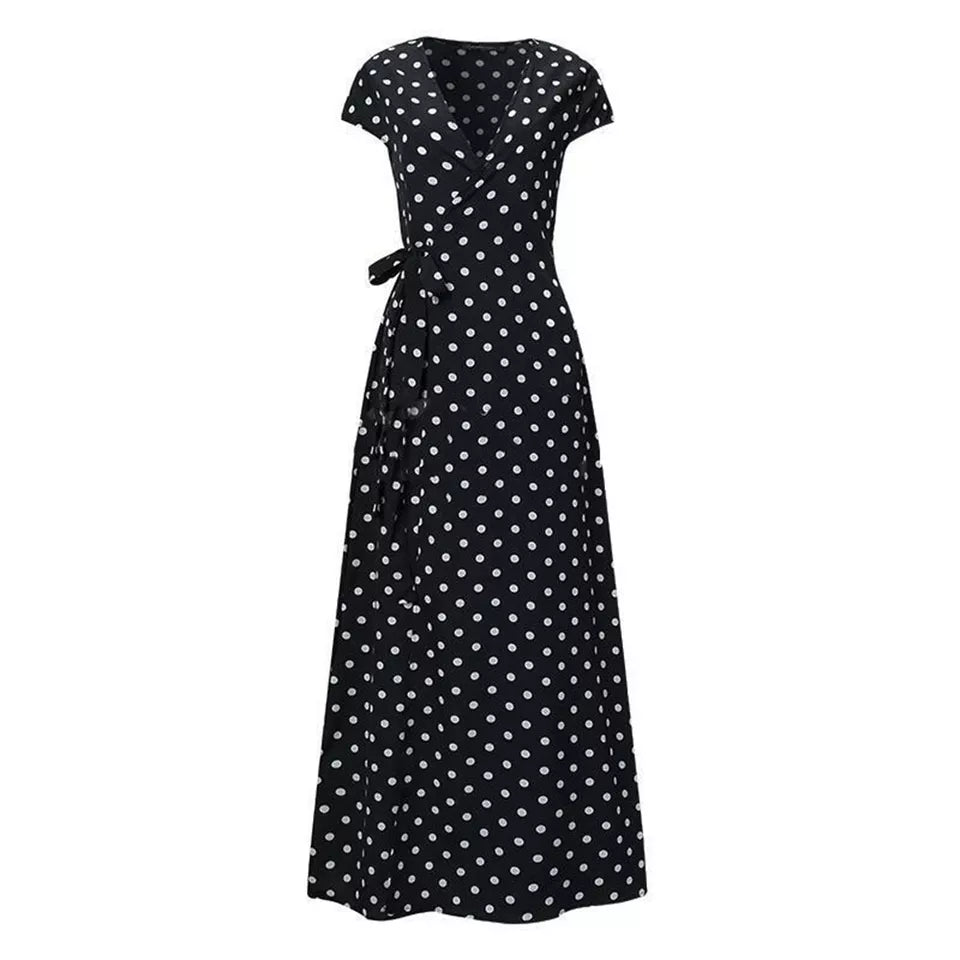 Women Wrap V Neck Polka Dot Long Maxi Dress