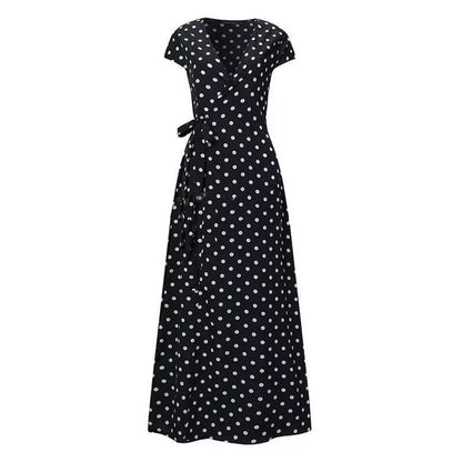 Women Wrap V Neck Polka Dot Long Maxi Dress