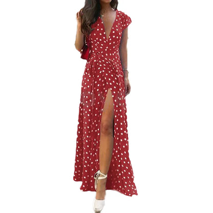 Women Wrap V Neck Polka Dot Long Maxi Dress