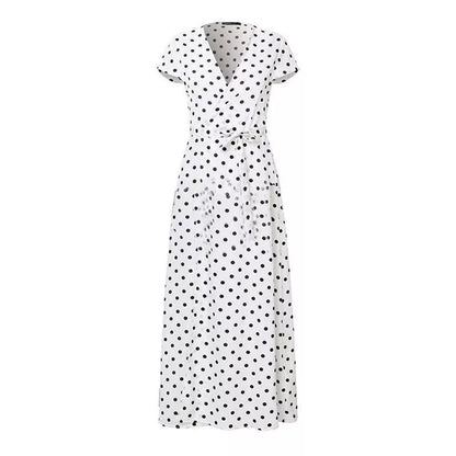 Women Wrap V Neck Polka Dot Long Maxi Dress