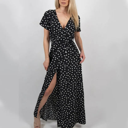 Women Wrap V Neck Polka Dot Long Maxi Dress